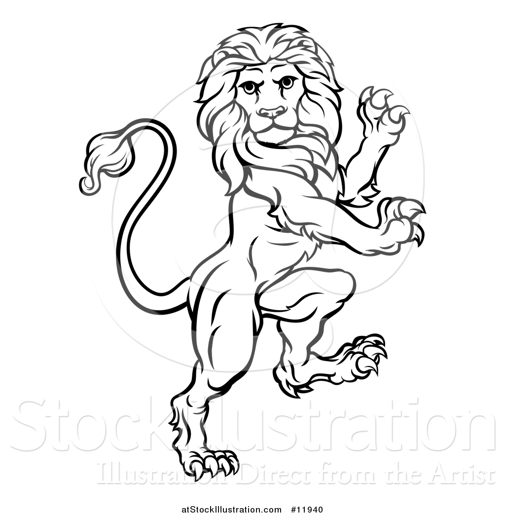 Vector Illustration of a Black and White Lineart Rampant Lion by