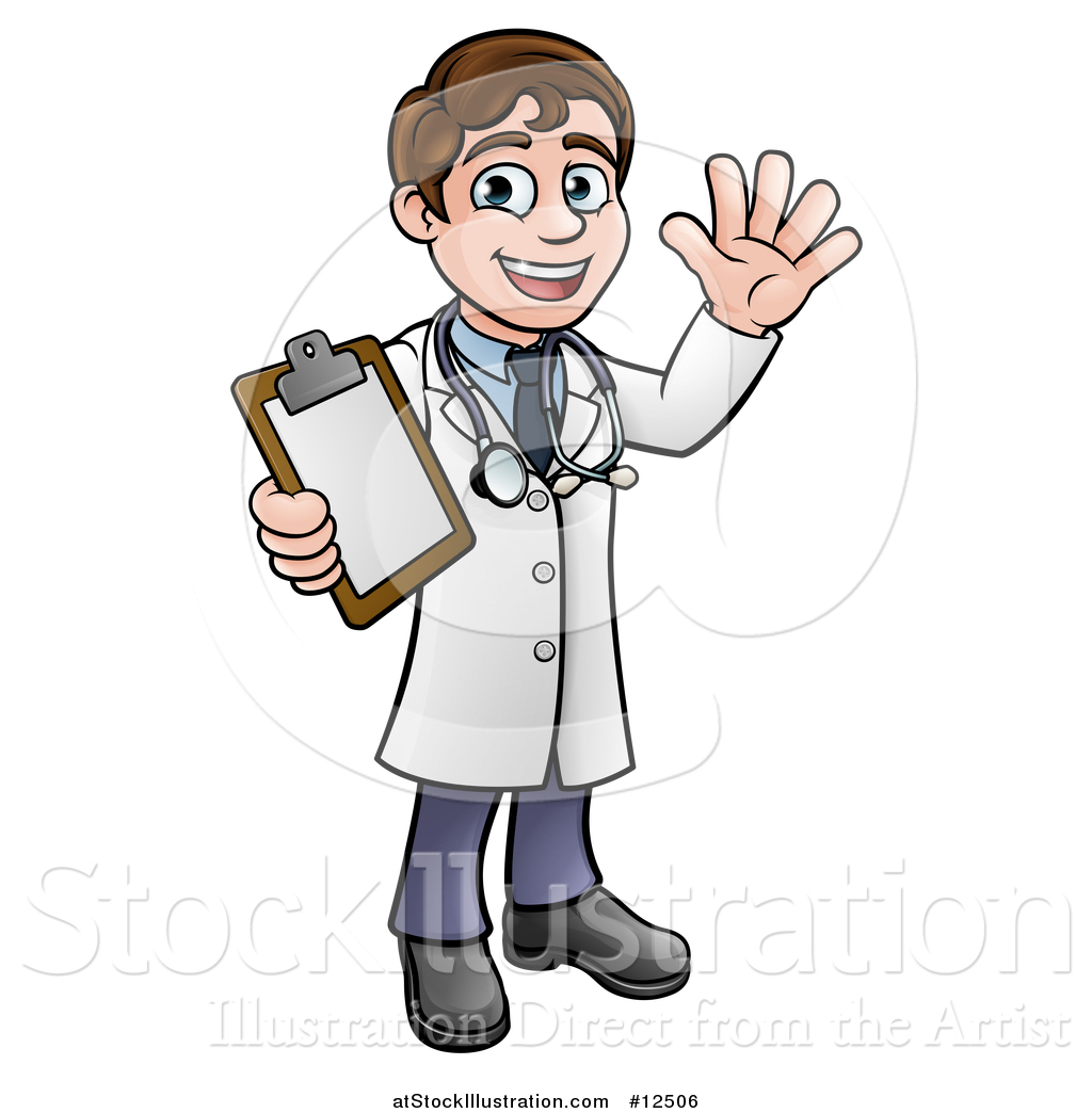 Vector Illustration of a Cartoon Friendly Brunette White Male Doctor
