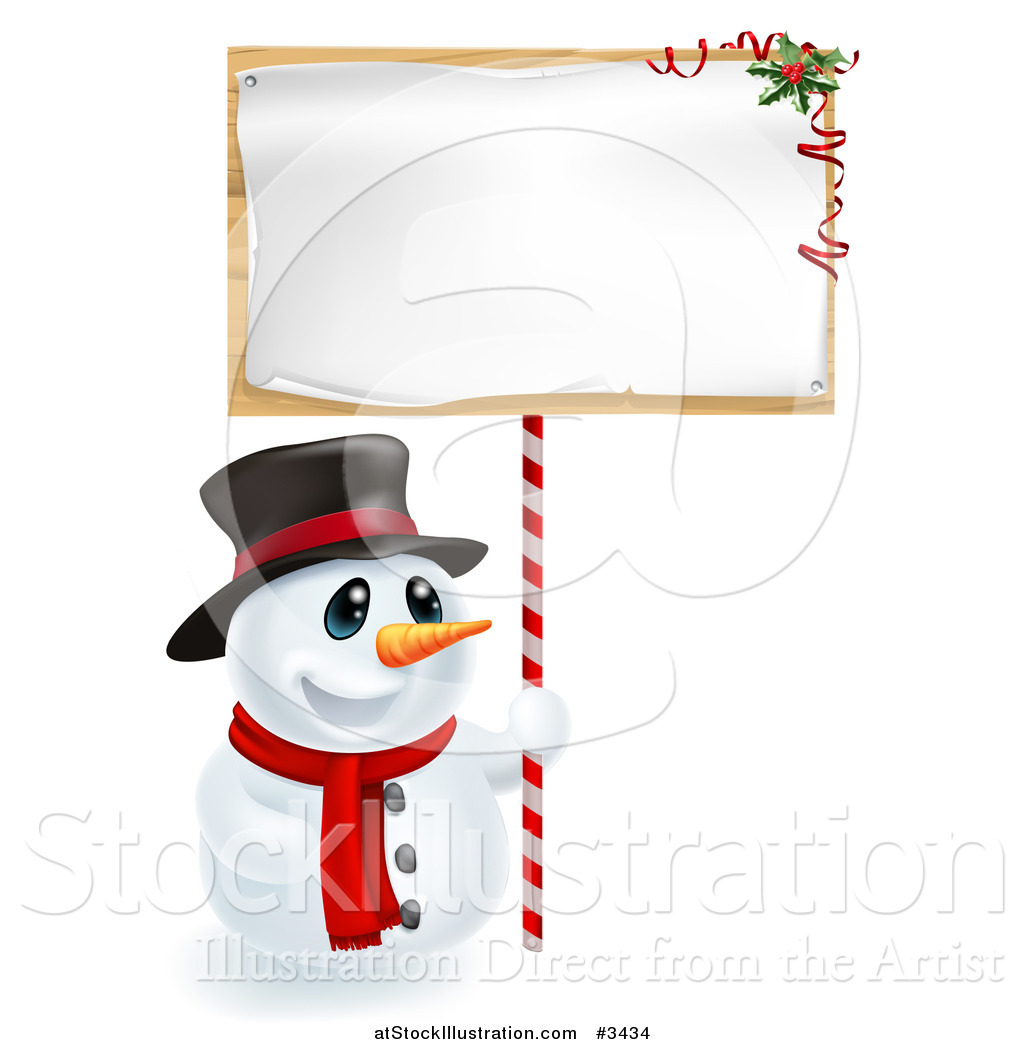 Vector Illustration Of A Happy Christmas Snowman Holding Up A Festive