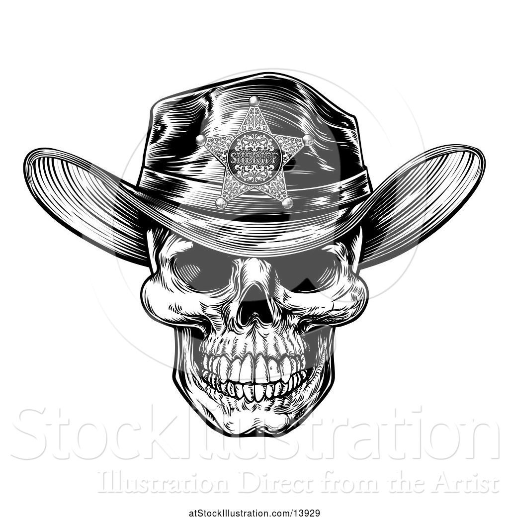 Vector Illustration Of Cowboy Skull Wearing A Sheriff Hat Black And White Vintage Engraved By