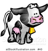 Illustration of a Black and White Cow with Udders and a Gold Cow Bell by AtStockIllustration