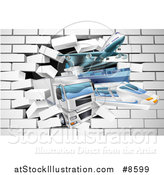Vector Illustration of 3d Cargo Logistics Modes, Trains, Planes Big Rig Trucks, and Ships Breaking Through a Brick Wall by AtStockIllustration