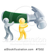 Vector Illustration of 3d Gold and Silver Men Carrying a Giant Green Handled Hammer to the Right by AtStockIllustration