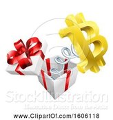 Vector Illustration of 3d Gold Bitcoin Currency Symbol Popping out of a Gift Box by AtStockIllustration