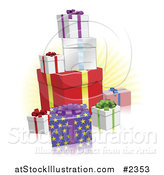 Vector Illustration of 3d Holiday Gift Boxes and a Yellow Burst by AtStockIllustration