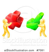 Vector Illustration of 3d Right and Wrong Gold Men Carrying X and Check Marks by AtStockIllustration