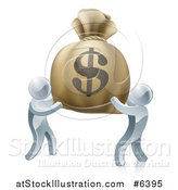 Vector Illustration of 3d Silver Men Carrying a Large Dollar Money Bag by AtStockIllustration