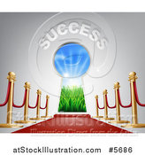 Vector Illustration of 3d SUCCESS over a Keyhole Door with Light and a Red Carpet by AtStockIllustration