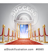 Vector Illustration of 3d SUCCESS over Open Doors with a Red Carpet, Posts and Light by AtStockIllustration