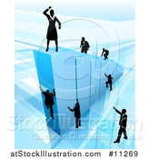 Vector Illustration of a 3d Blue Bar Graph with Silhouetted Business Men and Women Competing to Reach the Top by AtStockIllustration