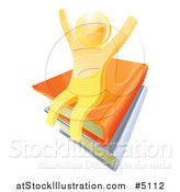 Vector Illustration of a 3d Cheering Gold Man Sitting on a Stack of Books by AtStockIllustration