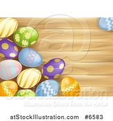 Vector Illustration of a 3d Colorful Patterned Easter Eggs over Wood with Text Space by AtStockIllustration