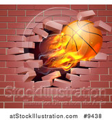 Vector Illustration of a 3d Flying and Blazing Basketball with a Trail of Flames, Breaking Through a Brick Wall by AtStockIllustration