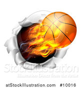 Vector Illustration of a 3d Flying and Blazing Basketball with a Trail of Flames, Breaking Through a Wall by AtStockIllustration