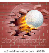 Vector Illustration of a 3d Flying and Blazing Golf Ball Breaking Through a Brick Wall by AtStockIllustration