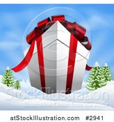 Vector Illustration of a 3d Giant Christmas Gift Box with Red Ribbon and Bows in a Winter Landscape by AtStockIllustration