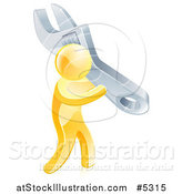 Vector Illustration of a 3d Gold Man Carrying a Huge Spanner Wrench by AtStockIllustration