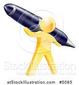 Vector Illustration of a 3d Gold Man Holding a Giant Pen by AtStockIllustration