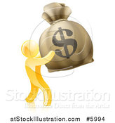 Vector Illustration of a 3d Gold Man Holding up a Large Dollar Money Bag by AtStockIllustration