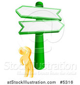 Vector Illustration of a 3d Gold Man Looking up at Crossroads Signs by AtStockIllustration