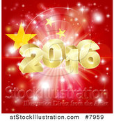Vector Illustration of a 3d Gold New Year 2016 Burst over a Chinese Flag and Fireworks by AtStockIllustration
