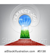 Vector Illustration of a 3d Keyhole with Sunshine and Grass, over a Red Carpet with Perfect Job Text by AtStockIllustration