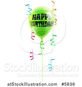 Vector Illustration of a 3d Lime Green Party Balloon and Confetti Ribbons with Happy Birthday Text by AtStockIllustration