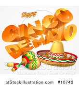 Vector Illustration of a 3d Orange Happy Cinco De Mayo Text with a Sombrero and Maracas by AtStockIllustration