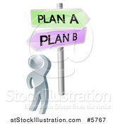 Vector Illustration of a 3d Silver Man at Plan a or B Crossroad Signs by AtStockIllustration