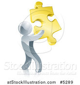Vector Illustration of a 3d Silver Man Holding a Golden Puzzle Piece by AtStockIllustration