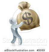 Vector Illustration of a 3d Silver Man Holding up a Large Dollar Money Bag by AtStockIllustration