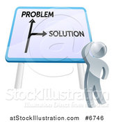 Vector Illustration of a 3d Silver Man Looking up at Problem and Solution Sign by AtStockIllustration