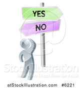 Vector Illustration of a 3d Silver Man Looking up at Yes and No Road Signs by AtStockIllustration