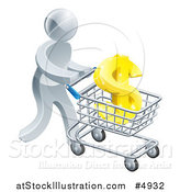 Vector Illustration of a 3d Silver Man Pushing a Dollar Symbol in a Shopping Cart by AtStockIllustration