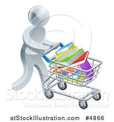 Vector Illustration of a 3d Silver Man Pushing a Shopping Cart Full of Books by AtStockIllustration