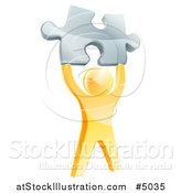 Vector Illustration of a 3d Victorious Gold Man Holding up a Silver Puzzle Piece by AtStockIllustration