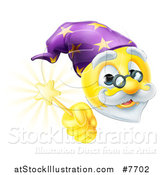Vector Illustration of a 3d Wizard Yellow Smiley Emoji Emoticon Face Holding a Magic Wand by AtStockIllustration