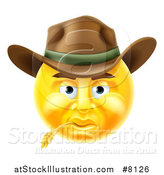 Vector Illustration of a 3d Yellow Male Cowboy Smiley Emoji Emoticon Face Wearing a Hat and Chewing on Straw by AtStockIllustration