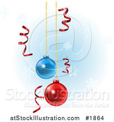 Vector Illustration of a Background of Shiny Red Curly Ribbons and Suspended Christmas Ornaments by AtStockIllustration