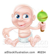 Vector Illustration of a Bald Blue Eyed Caucasian Baby Boy Sitting in a Diaper and Shaking a Rattle by AtStockIllustration