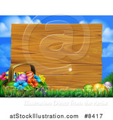 Vector Illustration of a Basket of Flowers and Easter Eggs by a Blank Wood Sign, with Blue Sky and Light Flares by AtStockIllustration