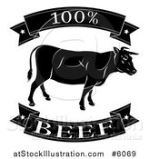 Vector Illustration of a Black and White 100 Percent Beef Food Banners and Cow by AtStockIllustration