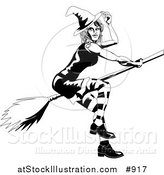 Vector Illustration of a Black and White Beautiful Young Witch Tipping Her Hat While Flying by on a Broom by AtStockIllustration