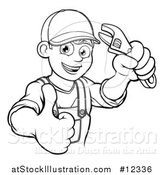 Vector Illustration of a Black and White Cartoon Happy Male Plumber Holding an Adjustable Wrench and Giving a Thumb up by AtStockIllustration