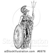 Vector Illustration of a Black and White Engraved Athena Britannia with a Trident and Shield by AtStockIllustration