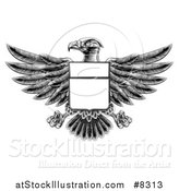 Vector Illustration of a Black and White Engraved or Woodcut Heraldic Coat of Arms American Bald Eagle with a Shield Body by AtStockIllustration