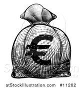 Vector Illustration of a Black and White Engraved or Woodcut Styled Euro Burlap Money Bag Sack by AtStockIllustration