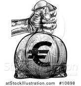 Vector Illustration of a Black and White Engraved or Woodcut Styled Hand Holding out a Burlap Euro Money Bag Sack to Pay Taxes by AtStockIllustration