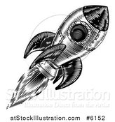 Vector Illustration of a Black and White Engraved Rocket in Flight by AtStockIllustration