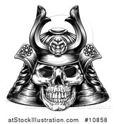Vector Illustration of a Black and White Engraved Skull Asian Samurai Mask by AtStockIllustration